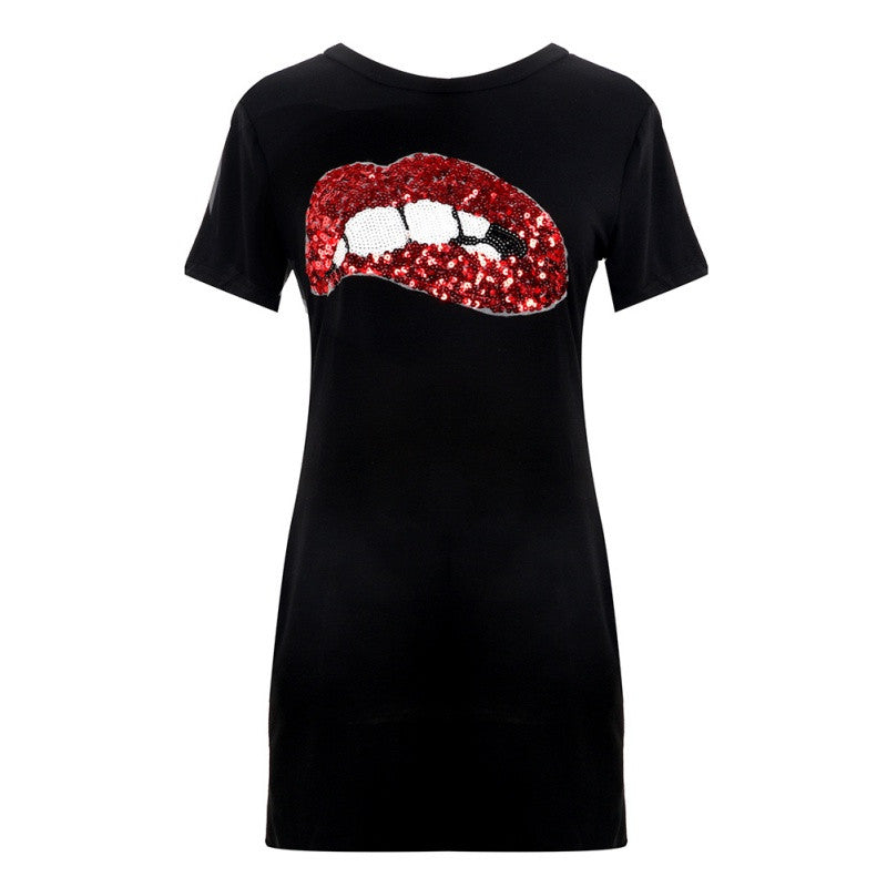 Style Short Sleeve Sequins Lip Casual T-Shirt Shape Black/White Dress Plus Size Women Clothing ILML