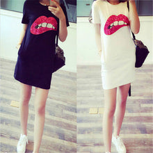 Style Short Sleeve Sequins Lip Casual T-Shirt Shape Black/White Dress Plus Size Women Clothing ILML