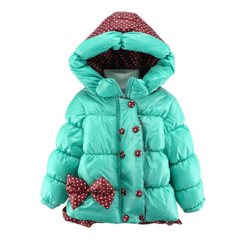 Super Warm Baby Girl Down Coat Bebe Hooded Jacket Bowknot Long Sleeve Jackets Kids Polka Dot Outwear ILML