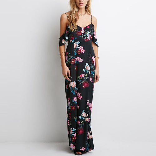 Off Shoulder Boho Beach dress casual Sleeveless Chiffon Women Maxi Retro Floral Print Evening Long Party Dresses ILML