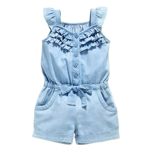 Pro Kids Girls Clothing Rompers Denim Blue Cotton Washed Jeans Sleeveless Bow Jumpsuit 0-5Years LE2 ILML