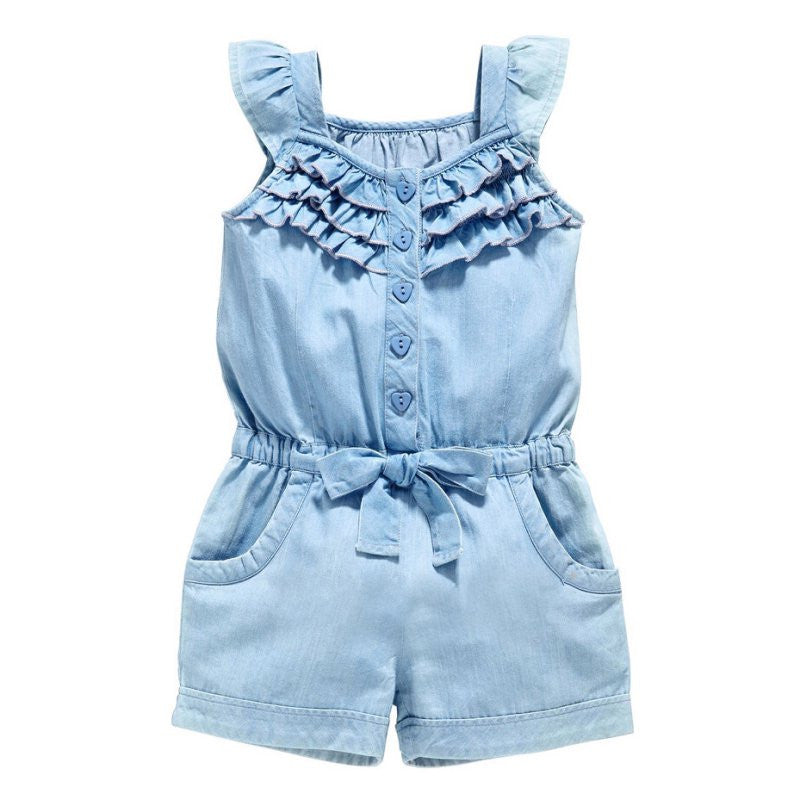 Pro Kids Girls Clothing Rompers Denim Blue Cotton Washed Jeans Sleeveless Bow Jumpsuit 0-5Years LE2 ILML