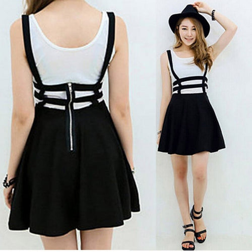 Retro Women Hollow Mini Skater Skirt Cute Suspender Clothes Straps High Waist Skirts  ILML