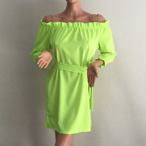 Sexy Beach Chiffon Belt Sashes Dress Candy Colors Slash Neck Long sleeve Woman Night Club Party Dresses Vestidos Robes ILML