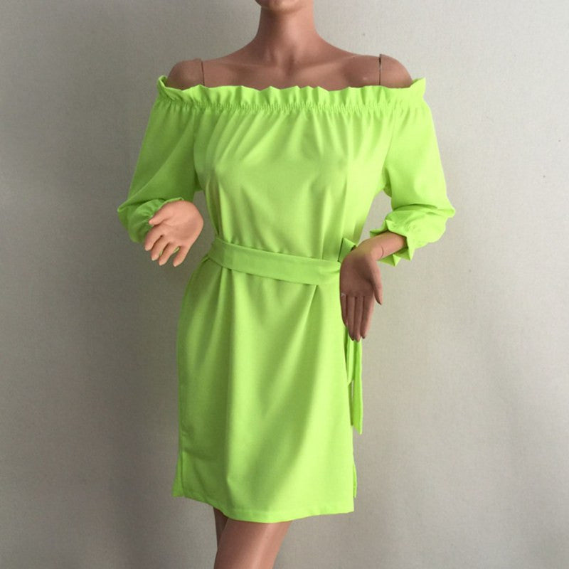 Sexy Beach Chiffon Belt Sashes Dress Candy Colors Slash Neck Long sleeve Woman Night Club Party Dresses Vestidos Robes ILML