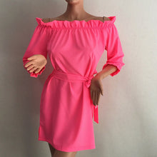 Sexy Beach Chiffon Belt Sashes Dress Candy Colors Slash Neck Long sleeve Woman Night Club Party Dresses Vestidos Robes ILML