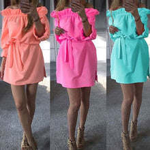 Sexy Beach Chiffon Belt Sashes Dress Candy Colors Slash Neck Long sleeve Woman Night Club Party Dresses Vestidos Robes ILML