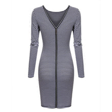 Sexy Women Back Zipper Long Sleeve Bodycon Dress Striped Pencil Dresses Vestidos ILML