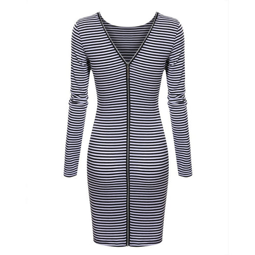 Sexy Women Back Zipper Long Sleeve Bodycon Dress Striped Pencil Dresses Vestidos ILML