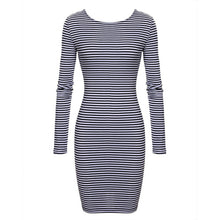 Sexy Women Back Zipper Long Sleeve Bodycon Dress Striped Pencil Dresses Vestidos ILML