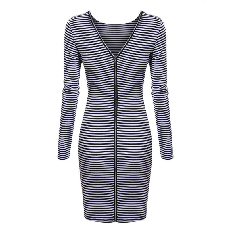 Sexy Women Back Zipper Long Sleeve Bodycon Dress Striped Pencil Dresses Vestidos ILML