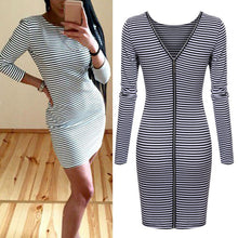 Sexy Women Back Zipper Long Sleeve Bodycon Dress Striped Pencil Dresses Vestidos ILML