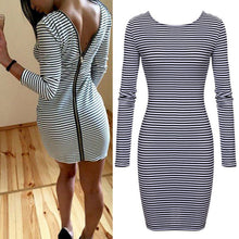 Sexy Women Back Zipper Long Sleeve Bodycon Dress Striped Pencil Dresses Vestidos ILML