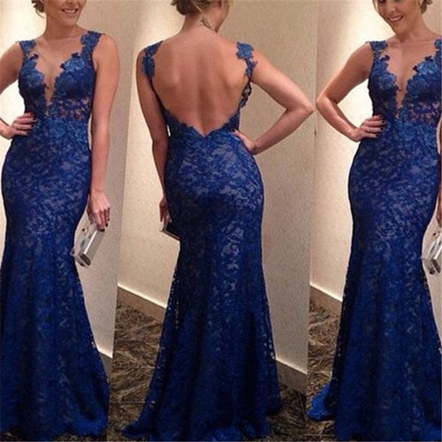 Sexy Women Backless Long Strapermaid Lace Formal V-Neck Party Dresses Cocktail  ILML