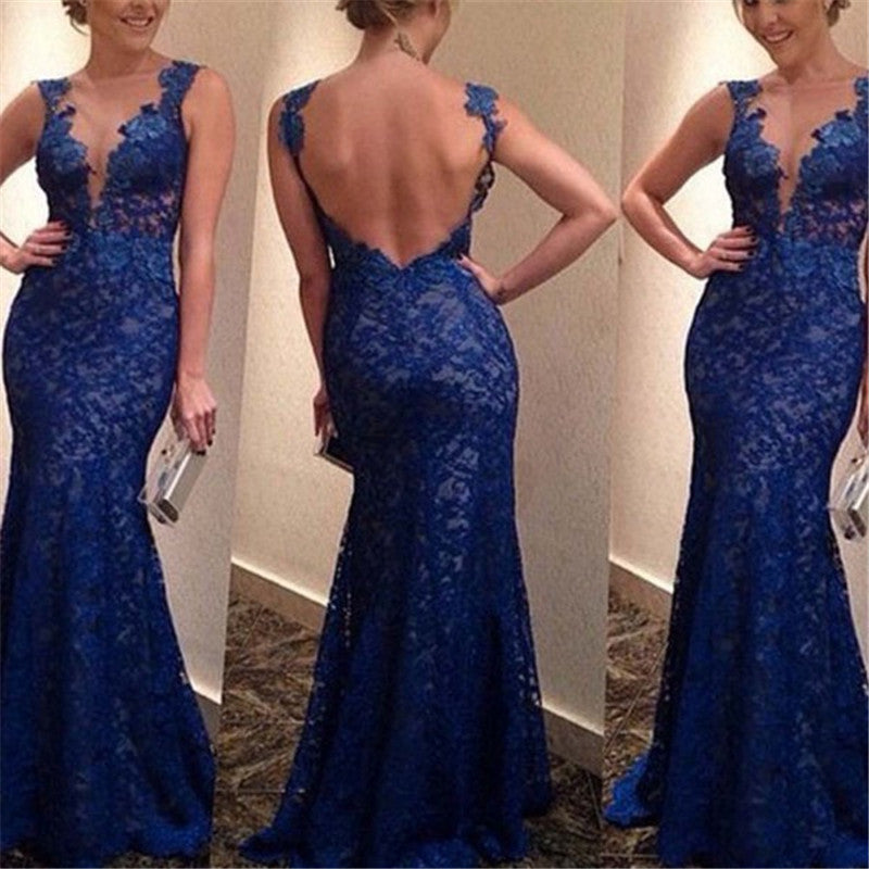 Sexy Women Backless Long Strapermaid Lace Formal V-Neck Party Dresses Cocktail  ILML