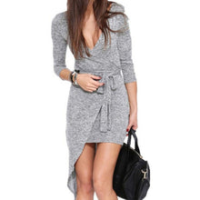 Sexy Women Deep V neck Long Sleeve Asymmetric Mini Dress Bodycon Dresses Y8 ILML