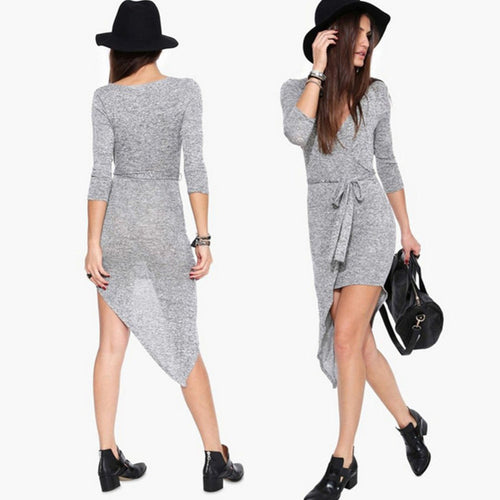 Sexy Women Deep V neck Long Sleeve Asymmetric Mini Dress Bodycon Dresses Y8 ILML