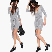 Sexy Women Deep V neck Long Sleeve Asymmetric Mini Dress Bodycon Dresses Y8 ILML