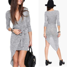 Sexy Women Deep V neck Long Sleeve Asymmetric Mini Dress Bodycon Dresses Y8 ILML