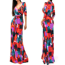 Sexy Women Package Bodycon Maxi Dress V-neck Long Sleeve Printed Long Casual Dresses ILML