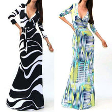 Sexy Women Package Bodycon Maxi Dress V-neck Long Sleeve Printed Long Casual Dresses ILML