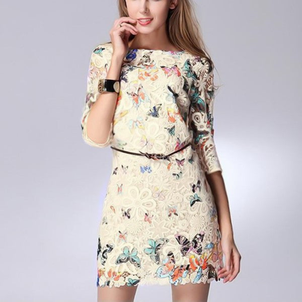 Sexy Women's Crewneck Floral Butterfly Lace Causal Short Mini Party Dress ILML
