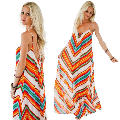 Sexy Womens Loose Striped Long Maxi Boho Evening Party Dress Chiffon Beach Dresses ILML