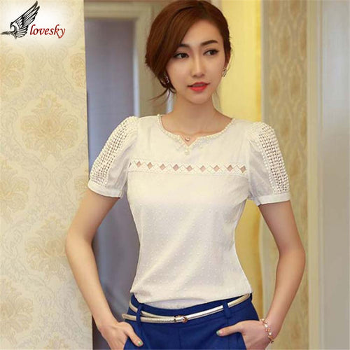Size XXL Femininas Camisas Blusas Women Doll Chiffon Plus Size Blouse Lace Tops Hollow Ladies Short Sleeve V Neck ILML