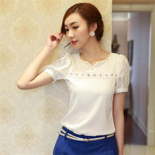 Size XXL Femininas Camisas Blusas Women Doll Chiffon Plus Size Blouse Lace Tops Hollow Ladies Short Sleeve V Neck ILML