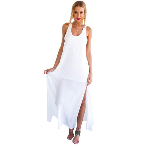 Long Dresses Back Hollow Elegant Beach Casual Solid White Women Chiffon Lace Dress L4 ILML