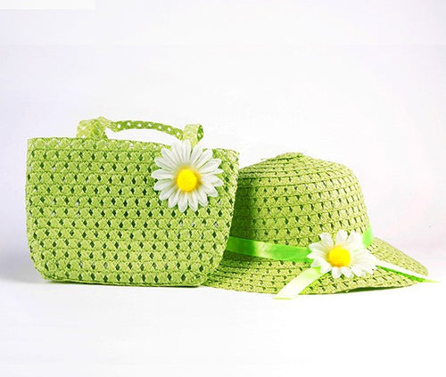 Style Sun Hat Girls Kids Straw Cap Beach Hats Bag Flower Tote Handbag Bags Suit ILML