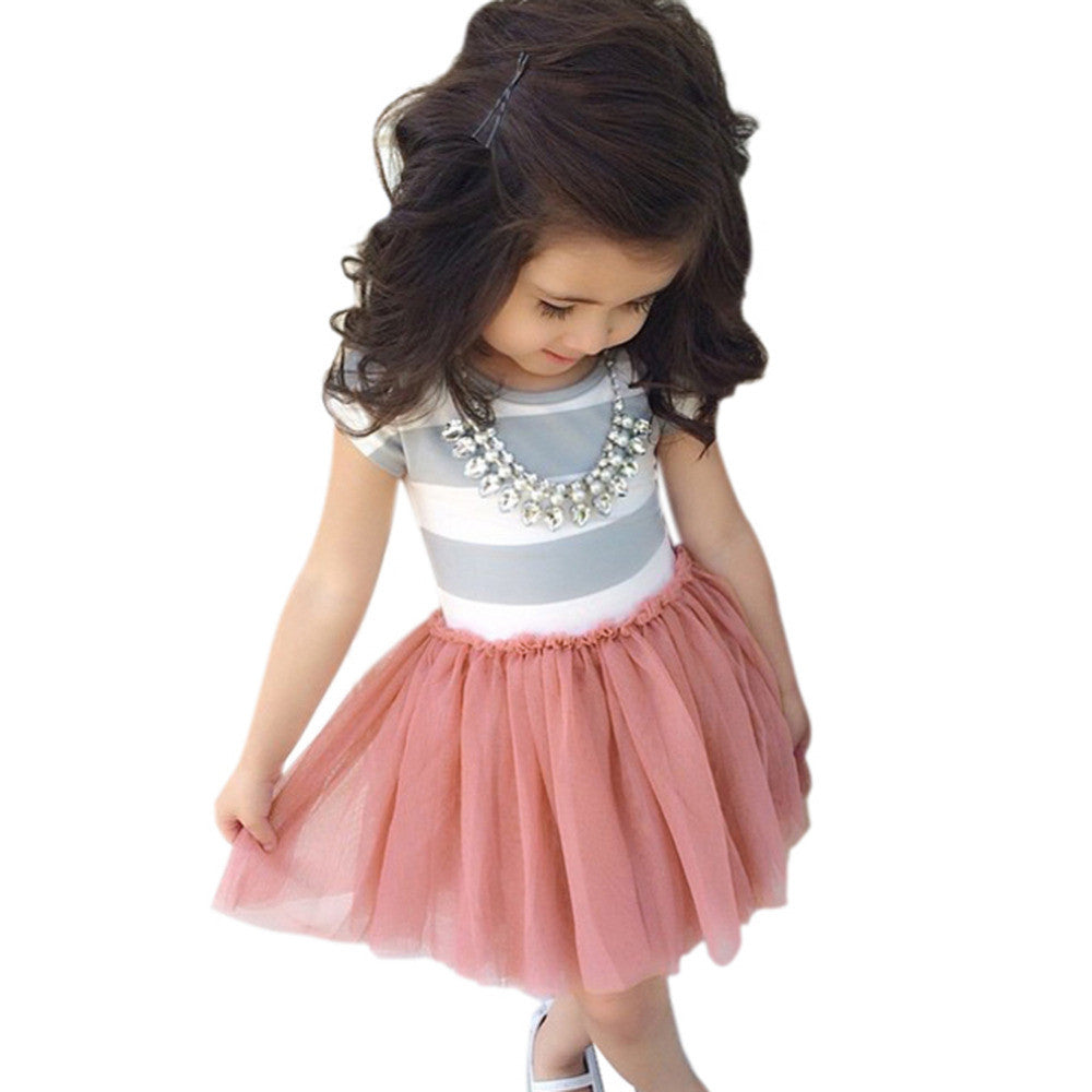 Toddler Baby 2-10Y Girls Short Sleeve Striped Tops Pleated Mini Dress Princess Dresses ILML