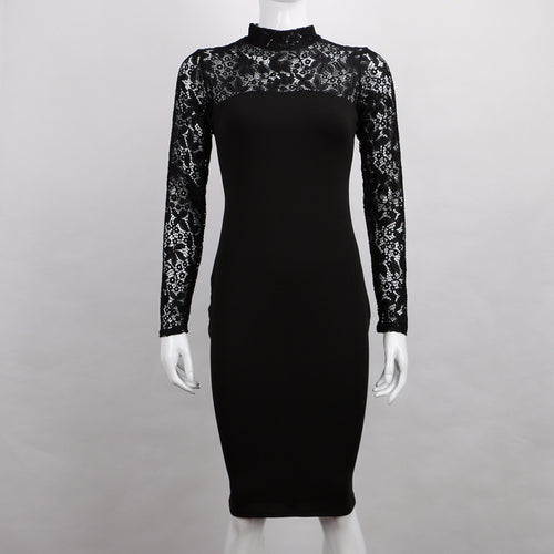 Turtleneck Long Sleeve Lace Party Dresidi Sexy Club Bandage Bodycon Dress Women Elastic Work Pencil Dresses ILML