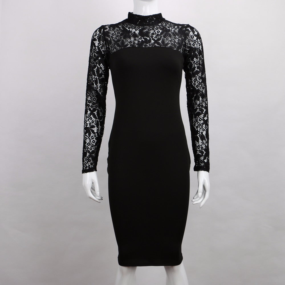 Turtleneck Long Sleeve Lace Party Dresidi Sexy Club Bandage Bodycon Dress Women Elastic Work Pencil Dresses ILML