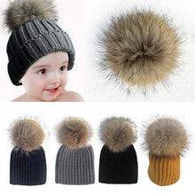 Warm Child Baby Girls Boys Knitted Woolen Natural Crochet Ski Kids Beanies Caps Raccoon Fur Pom Bobble Hats ILML